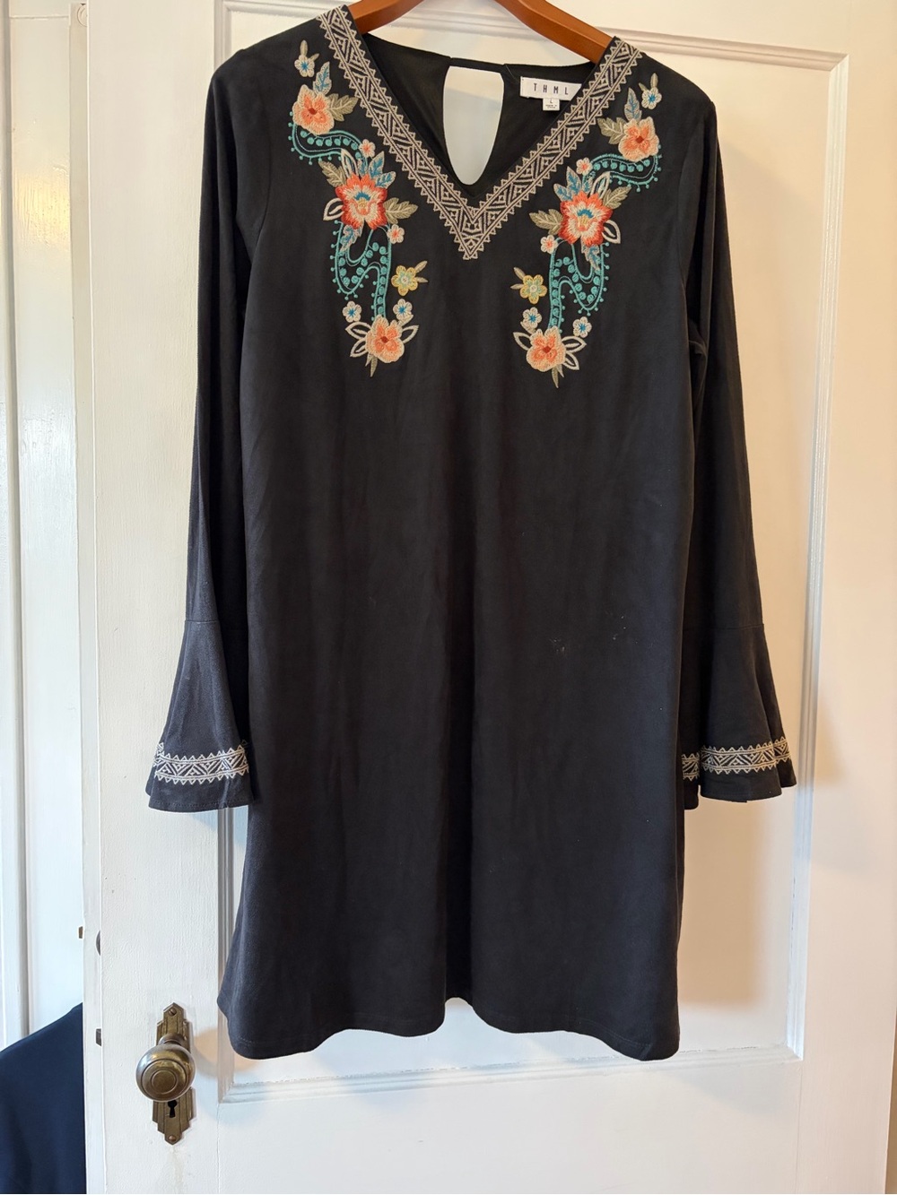 THML Black Tunic with Coral and Teal Floral Embroidery